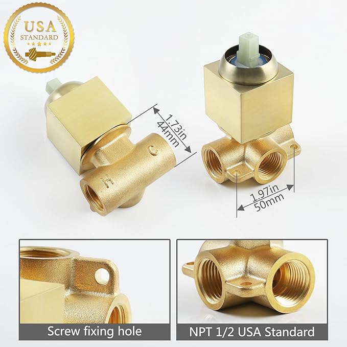 SKOWLL Shower Valve Kit Brushed Gold Shower Handle Valve Trim Kit, Wall Mount Single Function Shower Mixer Control Valve Kit Rough-in Valves Included