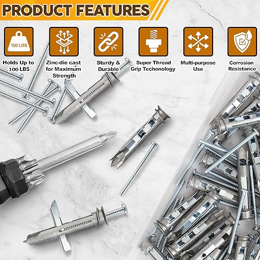 Heavy Duty Drywall Anchors - Self Drilling Ez Drywall Toggle Anchor Kit, #8 Anchor with Screws - Easy Wall Anchors for Hanging and Mounting - Holds Up to 100 Lb. (10 Pack)