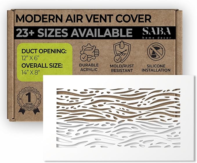 SABA Home Decor White Air Vent Cover - Acrylic Plexiglass 6" x 12" Duct Opening (8" x 14" Overall) Return Grille Decorative Covers for Walls & Ceilings NOT for Floor USE, Waves