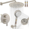 Iriber Brushed Nickel Round Rain Shower System Faucet Set，Bathroom Filtered Shower Head with Handheld, 9 Spray Mode Showerhead with Filters,Shower Valve Trim Kit Contain Cartridge,10 Inch