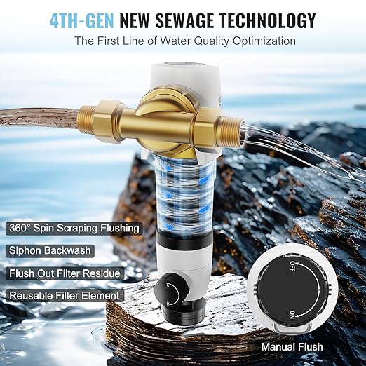 VEVOR Spin Down Sediment Filter, 360 Mountable, 4th Gen Backwash Pre-Filtration, Bi-Side Scraper Flush, 20 GPM Reusable Whole House Water Filter, Pressure Gauge, 3/4" MNPT