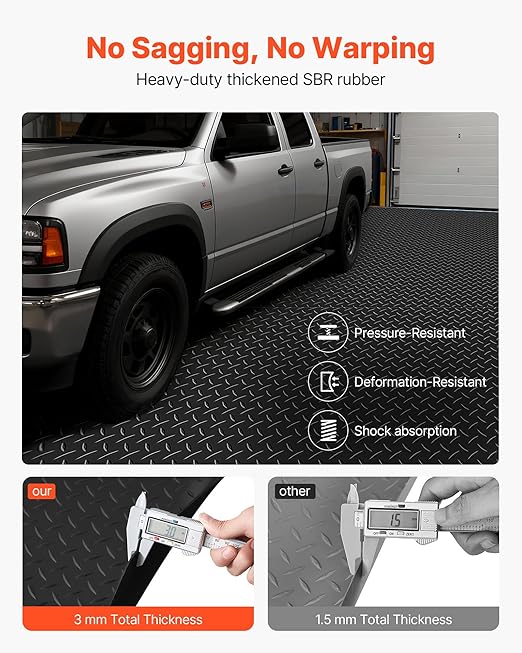 VEVOR Garage Floor Roll, 4 x 20 ft Garage Flooring Mat, 3 mm Thickened Rubber Diamond Plate Floor Protector Mat, Non-Slip, Wear-Resist, Waterproof, Easy to Clean for Warehouse, Gyms,Trailer, Black