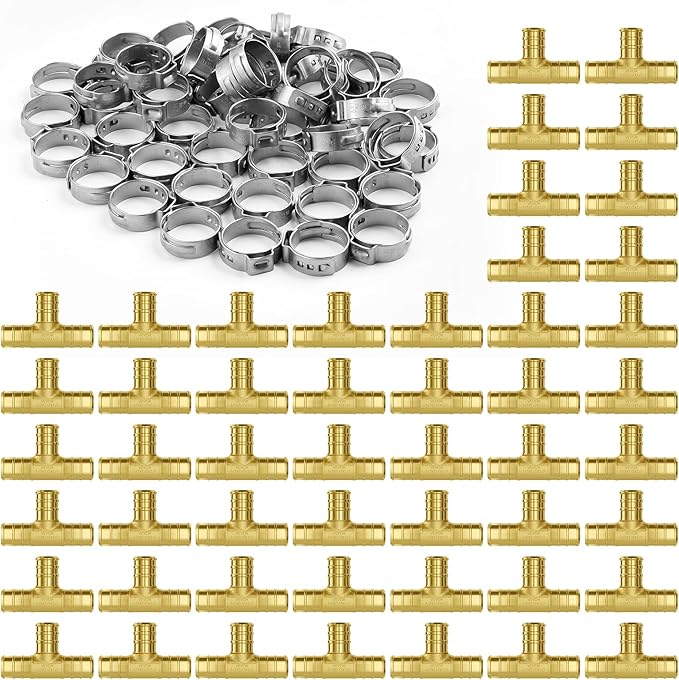 VEVOR Pipe Fittings, 1/2" 50PCS Brass Pipe Fittings, Clamp-style Tee Pipe Connector Brass Air Fittings, Heavy Duty Plumbing Fittings Tube Adapter for Heating/Shower Systems,Outdoor Water Pipes