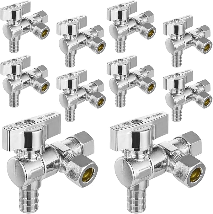 10-PCs HeSun Barb Crimp Inlet Angle Stop Valve, Quarter-Turn 1/2" PEX-B x 3/8" OD x 3/8" OD Compression, Dual Compression Outlet Shut Off Valve, PEX Chrome Plated Brass, ASTM F1807(VALVE200-10)