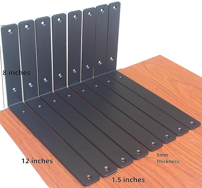 12 Pack - L 12" x H 8" x W1.5, 5mm Thick Black L Shelf Bracket, Iron Shelf Brackets, Metal Shelf Brackets, Floating Shelf, Shelf Supports with Screws