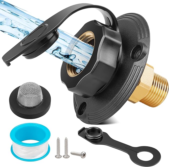 Oyviny RV City Water Inlet with Check Valve, Lead-free Brass RV Fresh Water Inlet 3/4 NH Female to 1/2 NPT Male Connection, Water Fill Inlet Flange Replacement for Camper Trailer Motorhome Marine