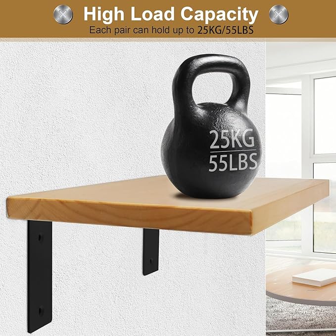 Alise Floating Shelf Brackets Heavy Duty L-Shaped Wall Brackets - Black Angle Corner Braces for Shelves, Stainless Steel Reinforced Shelf Support Bracket for Wooden Boards 9x5 Inch,Pack of 4