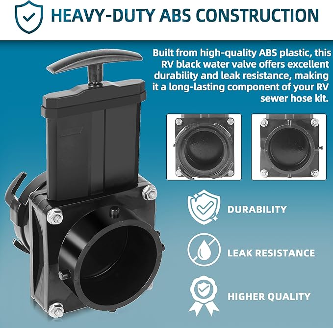 TonGass 3-Inch RV Waste Valve Body with Handle, Durable RV Sewer Valve Replacement for Campers, Trailers, and Motorhomes, Mess-Free Water Valves, Heavy-Duty Camper Sewer Pipe Fitting - Black