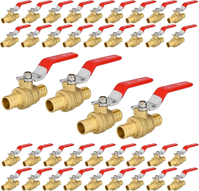 40-Pack Foskan 3/4 Inch PEX Crimp Full Port Ball Valve with Red Handle, Brass Quarter Turn Shut-off Valve for PEX Tubing