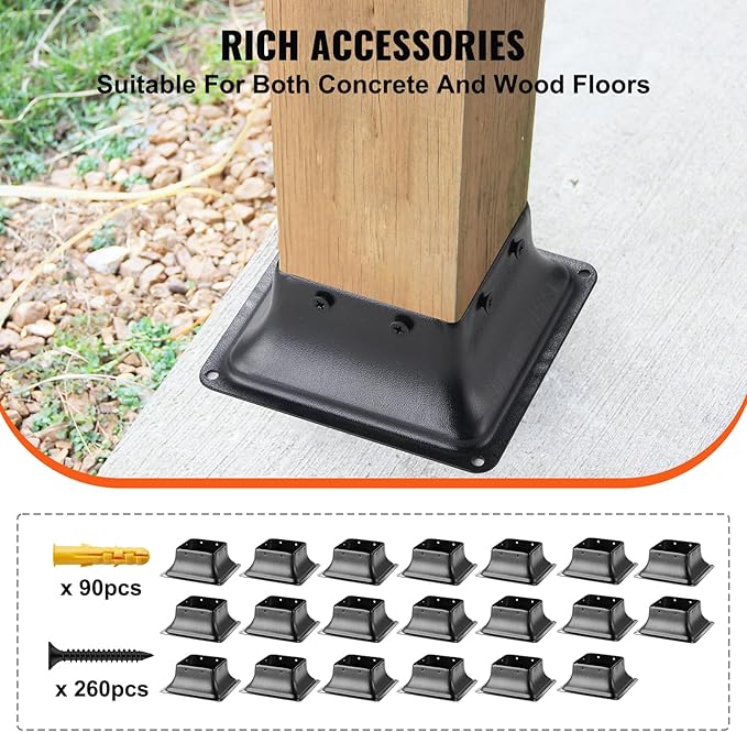 VEVOR 4x4 Post Base 20Pcs, Internal 3.6"x3.6" Heavy Duty Powder-Coated Steel Post Bracket Fit for Standard Wood Post Anchor, Decking Post Base for Deck Porch Handrail Railing Support