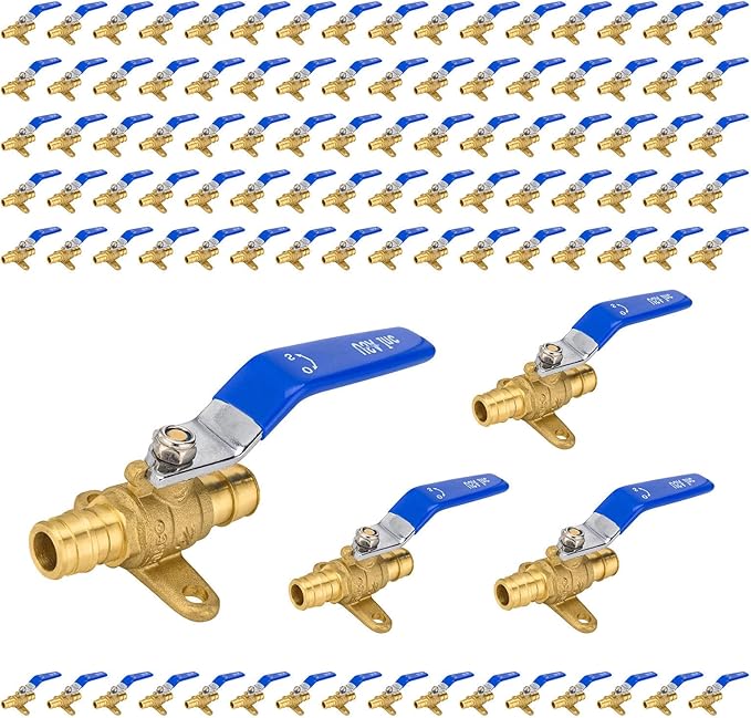 100-Pack Foskan 1/2" Brass PEX Expansion Drop Ear Ball Valve with Blue Handle, Full Port Shut-off Valve for Hot and Cold Water Distribution