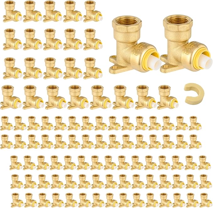 100-Pack Niikappu Push fit Drop Ear Elbow, 1/2 Inch x 1/2 Inch Female NPT Drop-ear Elbow Brass Push Fittings for PEX, Copper, CPVC, PE-RT Pipes, with Disconnect Clip