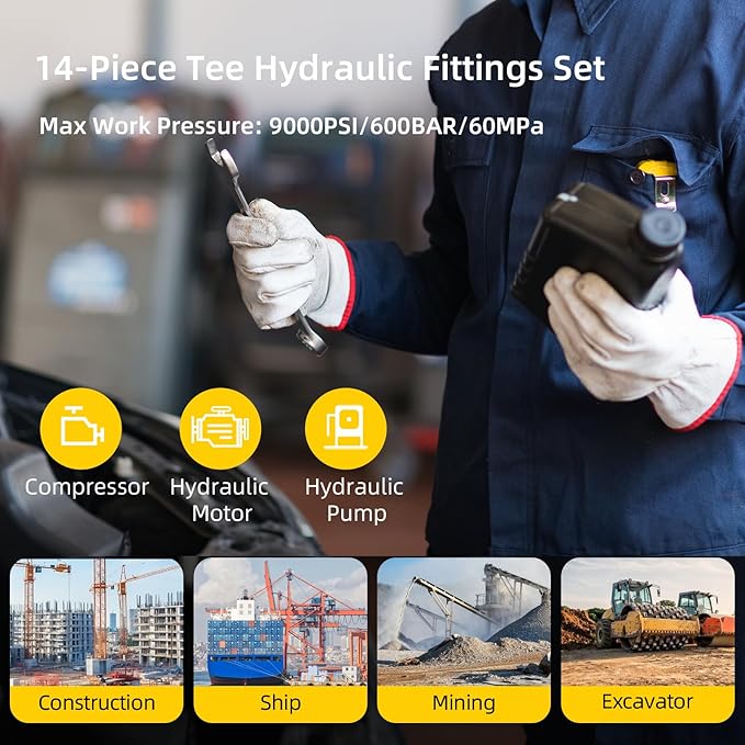 14Pcs Tee Fittings Connector Set - Hydraulic Fitting Tee Kit Include JIC37 and JIS30 Test Fittings, for Excavators and Construction Machinery Hydraulic Systems