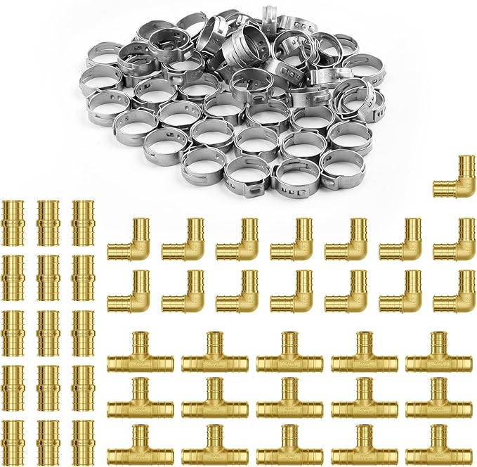 VEVOR Pipe Fittings, 3/4" 45PCS (15xStraight, 15xElbows, 15xTees) Brass Pipe Fittings, Push-Fit Pipe Connector Brass Air Fittings, Plumbing Fittings Adapter for Heating/Shower Systems, Water Pipes