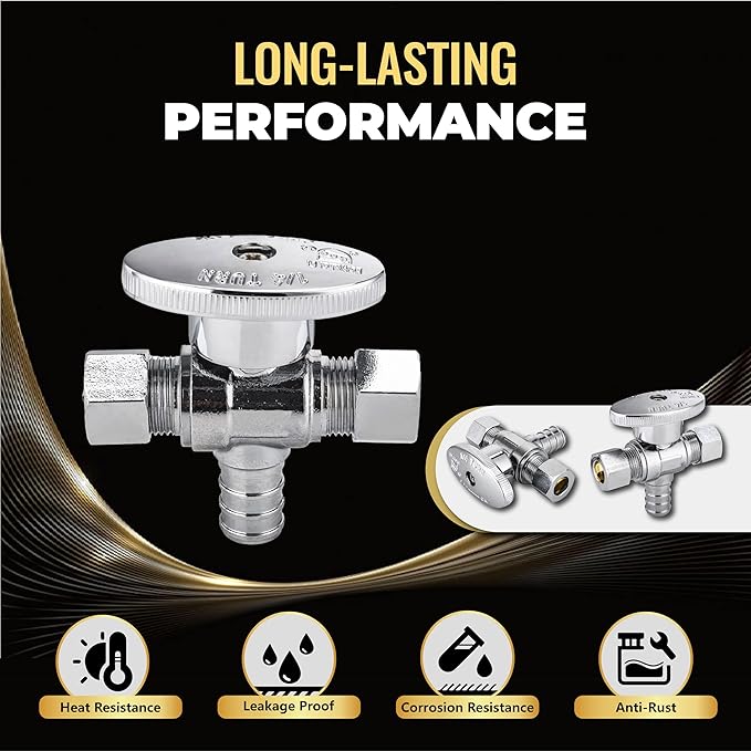 10-Pack Foskan Dual Outlet Angle Stop Valve,1/4 Turn Shut off Valve,1/2" PEX x 3/8" OD x 3/8" OD,Chrome Plated Brass