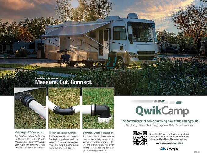 Fernco QwikCamp RV and Camper Sewer Waste Plumbing Connection System Kit with Slip Fit Coupling Adapter for 3-in. PVC Pipe and Pipe Stands in White