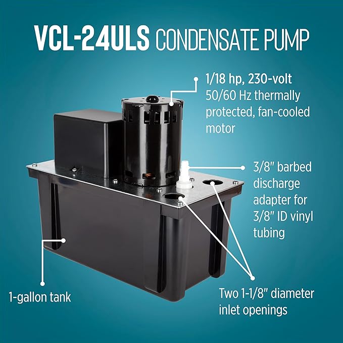 Little Giant VCL-24ULS 230 Volt, 1/18 HP, 270 GPH, Automatic Condensate Removal Pump with 1-Gallon Tank and Safety Switch, 6-Ft. Cord, Black, 553211
