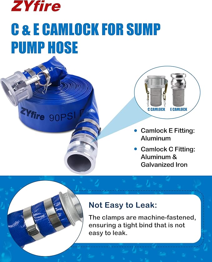 ZYfire Backwash Hose - 2" x 50 FT PVC Lay Flat Discharge Hose with Aluminum Camlock C & E Fittings Heavy Duty Reinforced Pump Discharge Hose Weather and Burst Resistant for Pool Drain, Sump Pump