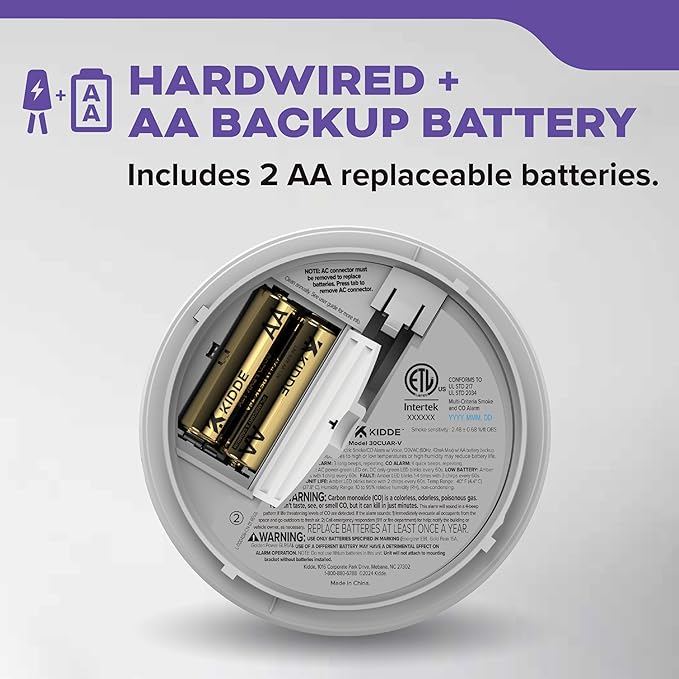 Kidde Hardwired Smoke & Carbon Monoxide Detector, AA Battery Backup, Voice Alerts, Interconnectable, LED Warning Light Indicators, White