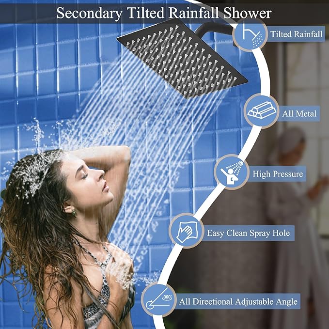 Shower Faucet Set Matte Black Shower System, Ceiling Mount 10 Inch Shower Head with 6 Inch Wall Mount Shower Head, Knob Switch Diverter Shower Faucet, Rough-in Valve Body and Trim Included