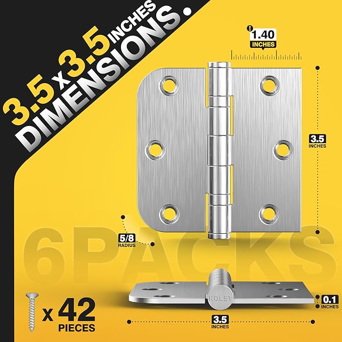 KOLET Ball Bearing Door Hinges, 3.5 x 3.5 Inches Exterior Door Hinges, Heavy Duty Stainless Steel Hinges, Square and 5/8'' Radius Corner, Smooth and Quiet, Non Removable Pin, Brushed Nickel, 6 Pack