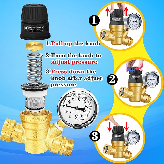 RV Water Pressure Regulator with Adjustable Handle,Upgrade Water Pressure Reducer, RV Water Regulator Valve with 2 Inlet Screened Filters, for RV Camper, Travel Trailer (Style 1-Handle Adjustable)…