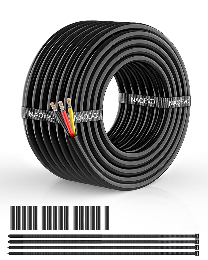 NAOEVO 14 Gauge Wire 3 Conductor Electrical Wire, 14 AWG Stranded PVC Cord, 12V Low Voltage/Tinned Copper/Flexible Cable for Automotive Wiring, Lamp Cord, Marine Cable (30FT)