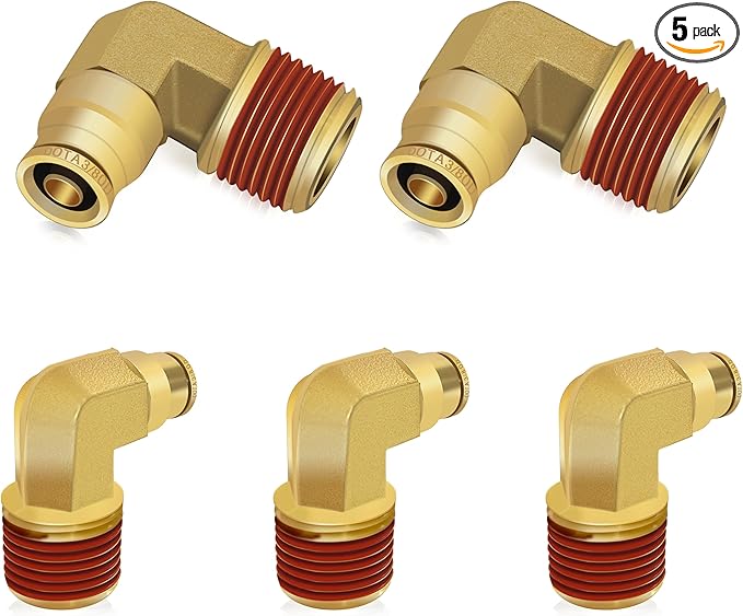 Siptenk 3/8" Elbow DOT Brass Push to Connect Air Line Fittings 5 PCS, 3/8" OD Tube x 1/2" NPT Thread Air Brake Line Quick Connect Fittings for Truck Trailers Industry Air System