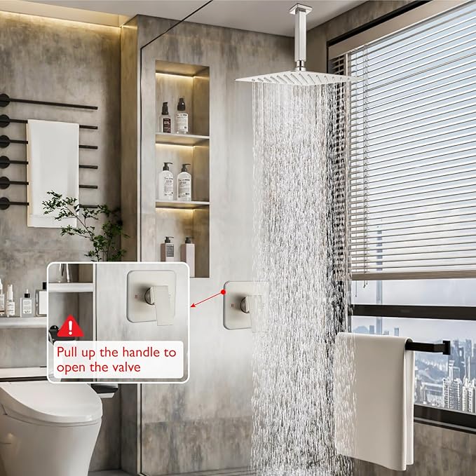 Heyalan Shower Faucet Set Square Stainless Steel Bathroom Rainfall Shower System One Handle Single Function Shower Trim Kit with Rough-in Valve Male Thread,Ceiling Mount,12 Inch,Brushed Nickel
