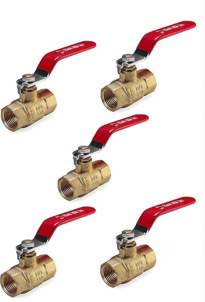 (Pack of 5) EFIELD 1/2 Inch 600 WOG FNPT Heavy Duty Full Port Brass Ball Valve FIP Threaded, Red Level,(VALVE034-5PCS)
