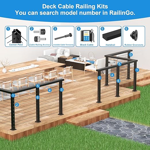 36" Cable Railing Corner Post, Stainless Steel Flat Top Deck Corner Post with Cable Grommets, 2"x2" 90° T-Drilled Metal Corner Post for Black Deck Stair Railing System, RG13