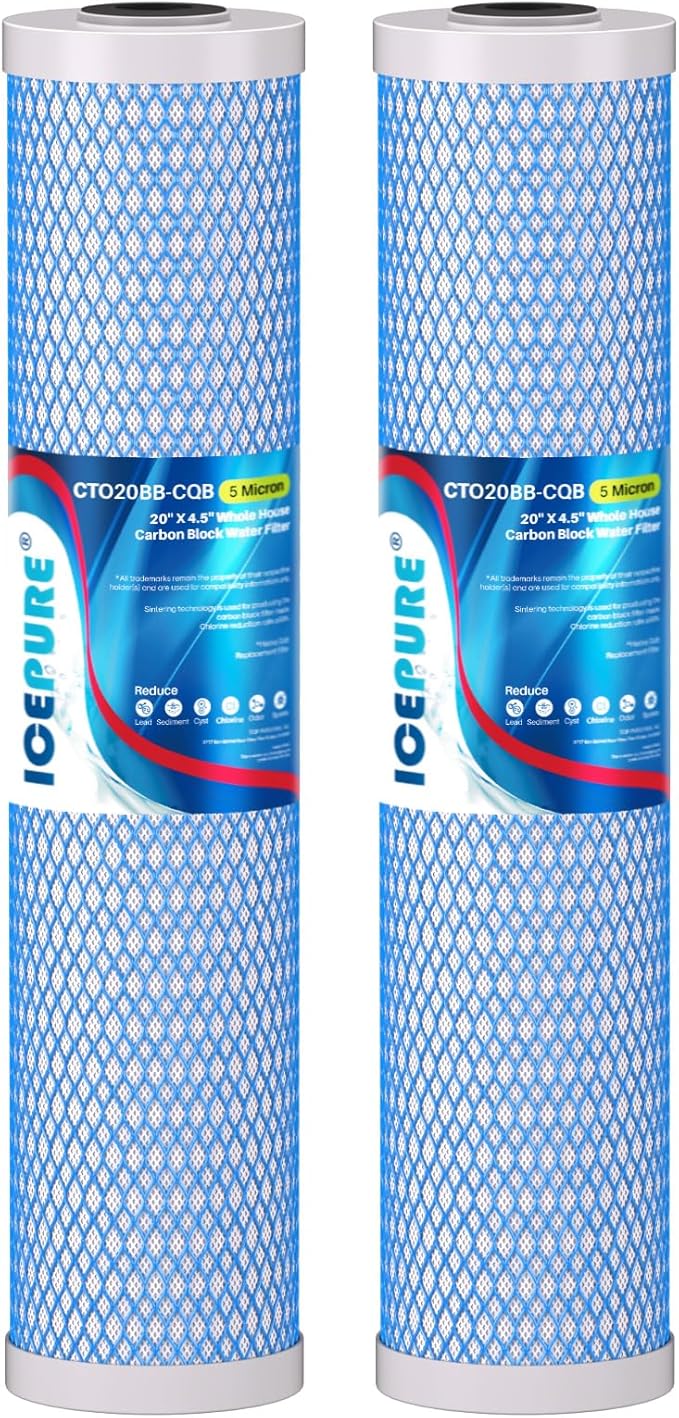 ICEPURE 20" x 4.5" Whole House Upgraded Activated Carbon Water Filter, 20 inch Lead Removal Water Filter Cartridge Replacement for FC25B, EPM-20BB, CB-BB-20, 155783-43, CTO20BB-CQB, 5 Micron, 2 PACK