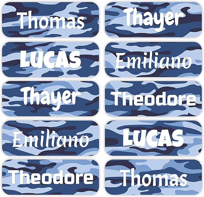 KYTRA Personalized Name Labels for Kids 120 Stickers for Daycare & School Supplies, Clothes, Toys, Lunchboxes and More - Waterproof, Laundry, Dishwasher & Microwave Safe, Made in USA (BlueCamo)