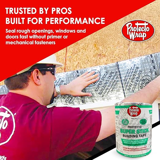 Protecto Wrap Super Stick Flashing Tape 6" x 75' – Self-Adhering Waterproof Membrane for Windows and Doors, Air and Vapor Barrier – Silver Foil-Faced Heavy-Duty Flashing and Building Tape