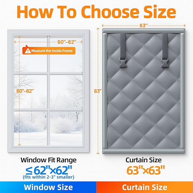 Window Insulation for Winter 63”×63” Windows Insulation Kit Thermal Insulated Window Cover Fit Max Size 62”×62”with Hook & Loop Insulated Curtain for Winter Windows Blankets in Bedroom Attic RV - Gray