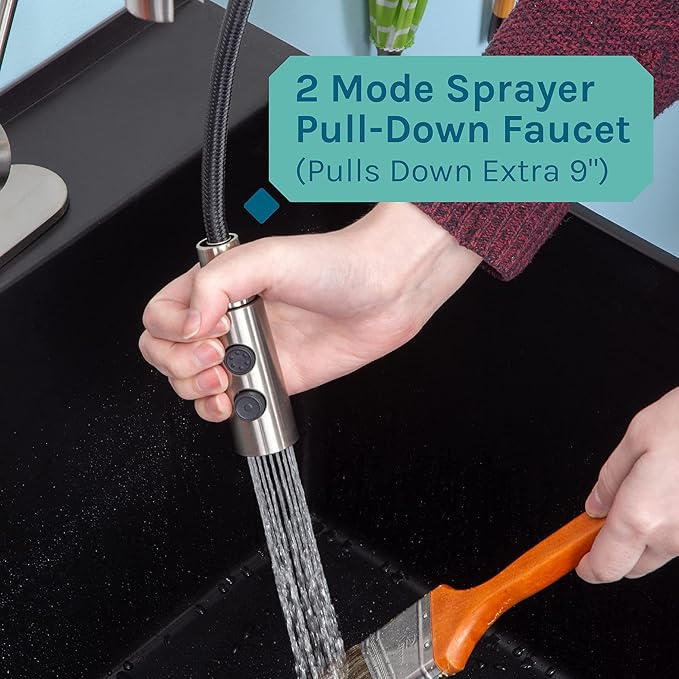 Utility Sink Extra-Deep Laundry Tub in Black with High-Arc Stainless Steel Coil Pull-Down Sprayer Faucet, Integrated Supply Lines, P-Trap Kit, Heavy Duty Floor Mounted Freestanding Wash Station
