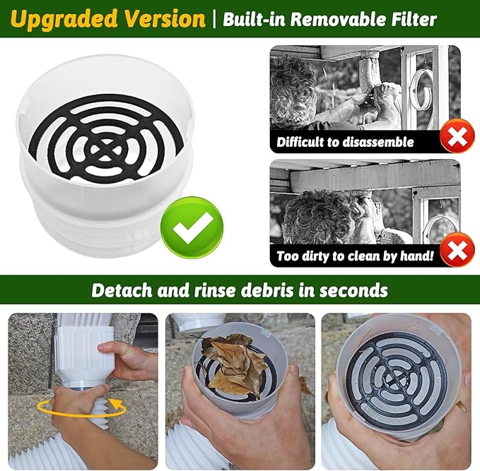 2 Pack Rain Gutter Downspout Extensions 60" with Filter, Corrugated Flexible Gutter Pipe, Downspout Diverter, Down Spout Drain Extension, Extendable from 20" to 60", Screws for Included, White