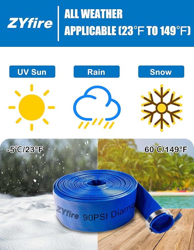 ZYfire Pool Backwash Hose with 2 Clamps - 2" x 50 FT PVC Lay Flat Discharge Hose Heavy Duty Reinforced Pool Hose Weather and Burst Resistant for Pool Drain, Sump Pump, Pool Filter