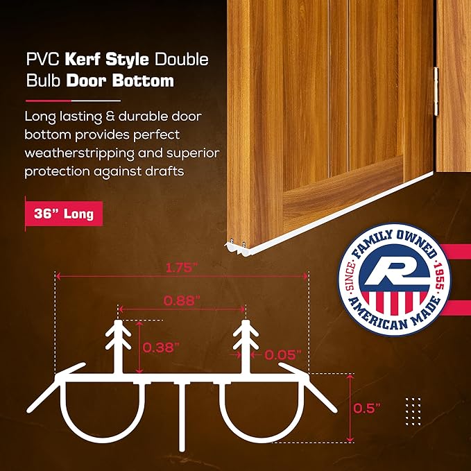 36" Kerf Slide-in Double Bulb Seal Weatherstrip Door Bottom – Durable Seal for Energy Efficiency & Draft Protection (White)