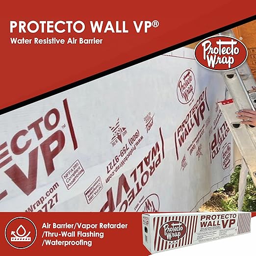 Protecto Wall VP – Self-Adhering, Self-Sealing, Drainable Vapor Permeable Water-Resistive Air Barrier | Primerless Peel & Stick House Wrap with Super Stick Adhesive Technology – 12" x 120' Case