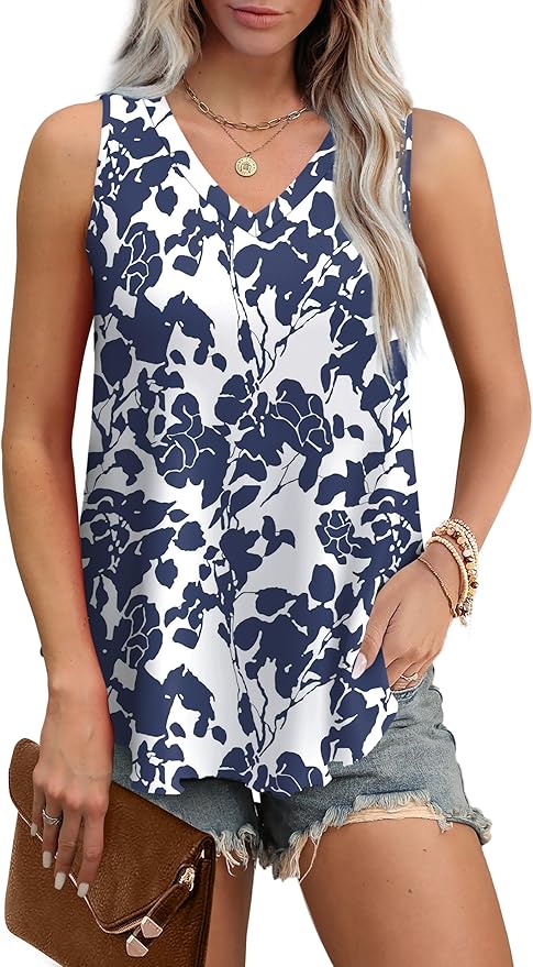 OFEEFAN Womens Tank Tops V Neck Sleeveless Flowy Loose Fit Basic Casual Summer Tops