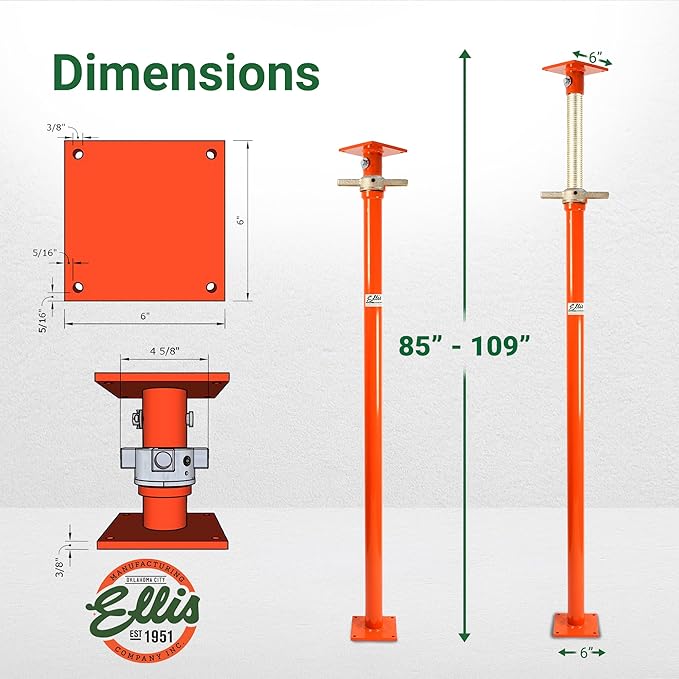Ellis Manufacturing Light-Duty Steel Lifting Shore and Jack Post – House Jack for Foundation, Floor Leveling, and Concrete Bracing – 5,000 lb Safe Load Capacity – 85"-109" Adjustment