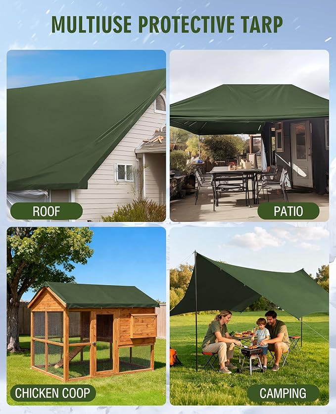 HIRALIY 20 Mil Heavy Duty Waterproof Tarp, 10.5x20ft Green Tarpaulin with Reinforced Webbing Loops, Multipurpose Oxford Fabric Tarp for Firewood, Roof, Camping, Pool