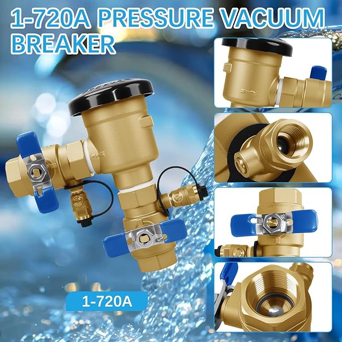1" 720A Pressure Vacuum Breaker Assembly 1-720A Thickened Brass Backflow Preventer Valve for Irrigation Systems and Commercial Water Supply Systems, Back Siphon Protection, MAX 400PSI