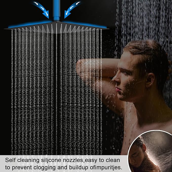 Shower Faucet Set Matte Black Shower System, Push Button Shower Faucet with Dual Rain Shower Head(12 inch+8 inch), Handheld Shower, with Digital Temperature Display Function