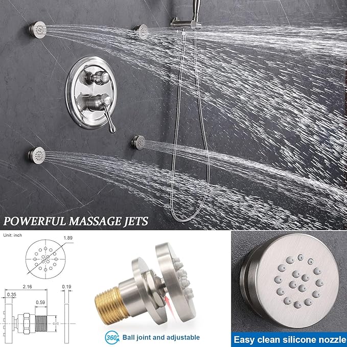 Enga Antique Shower Faucet Sets Dual Heads with 4 Body Jets, 8" + 6" Ceiling & Wall Mount Vintage Shower Head with Handheld Spray Combo, 4 Way Diverter Brass Valve, Brushed Nickel