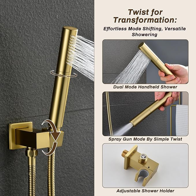 Rain Shower System, Push Button Diverter Shower Faucet Set with 2 in 1 Handheld Spray, Wall Mount Shower, Ceiling Mount Shower Head 3-Function Rainfall Shower System-Brushed Gold