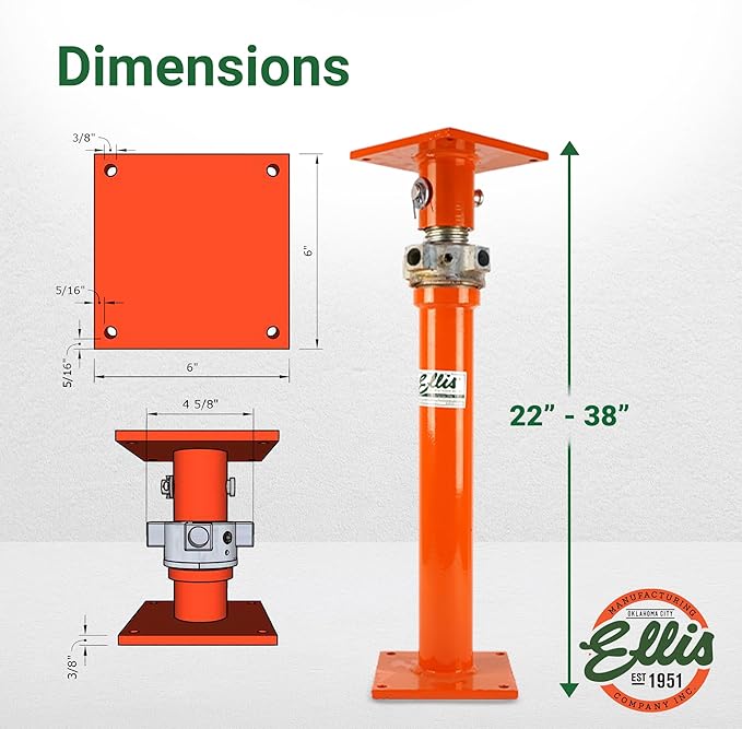 Ellis Manufacturing Light-Duty Steel Lifting Shore – Adjustable Basement Jack for Floor Leveling, Beams, Concrete, and Foundation – 16,000 lb Safe Load Capacity – 22"-38" Adjustment