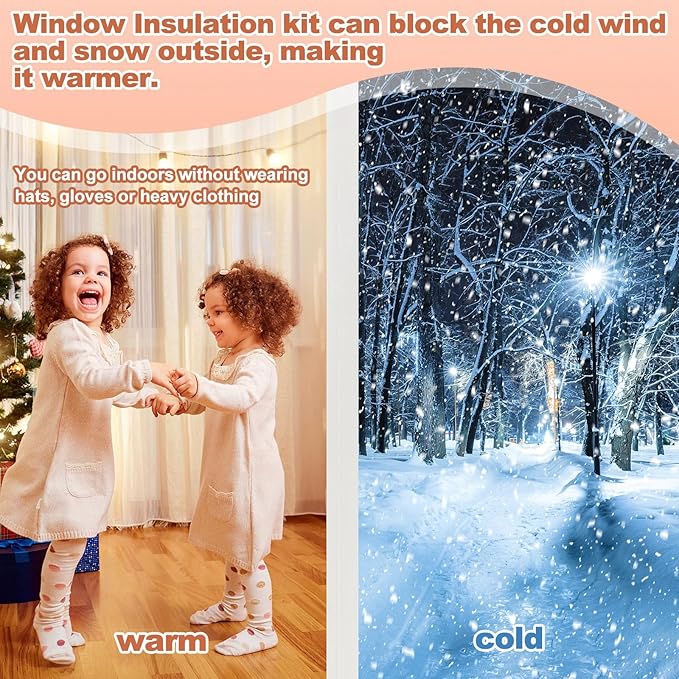 87 Inch X 30 ft Window Insulation Kit Cuttable Transparent Film with Adhesive Straps Reusable Window Plastic for Winterizing Thicken Thermal Waterproof Attic Insulation Cover Warm Winter
