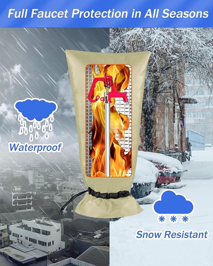 Outdoor Faucet Covers for Winter Freeze Protection, POROLIR Large 25" H x 13" W Thicker Insulation Long Faucet Sock for Outdoor Faucets & Yard Hydrant Hose Bib Insulated Spigot Covers Khaki (2-Pack)
